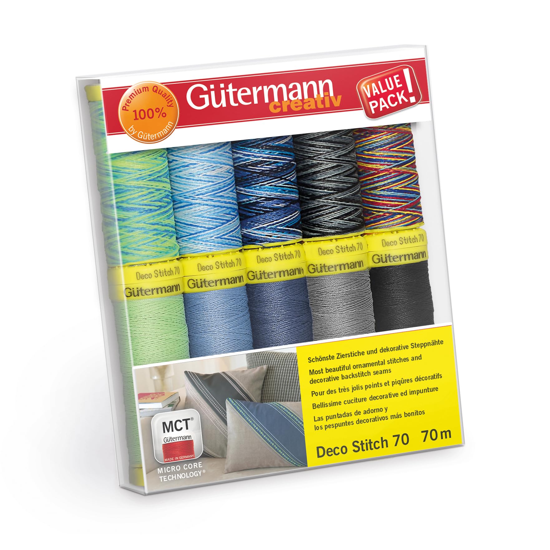 Gütermann creativ Sewing Thread Set with 10 spools of Decorative Thread Deco Stitch 70 70 m in Different Solid and Multicolour Colours