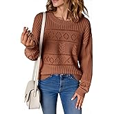Yousify Womens Long Sleeve Sweaters Casual Crewneck Cable Knit Crochet Loose Fit Fall Pullover Tops