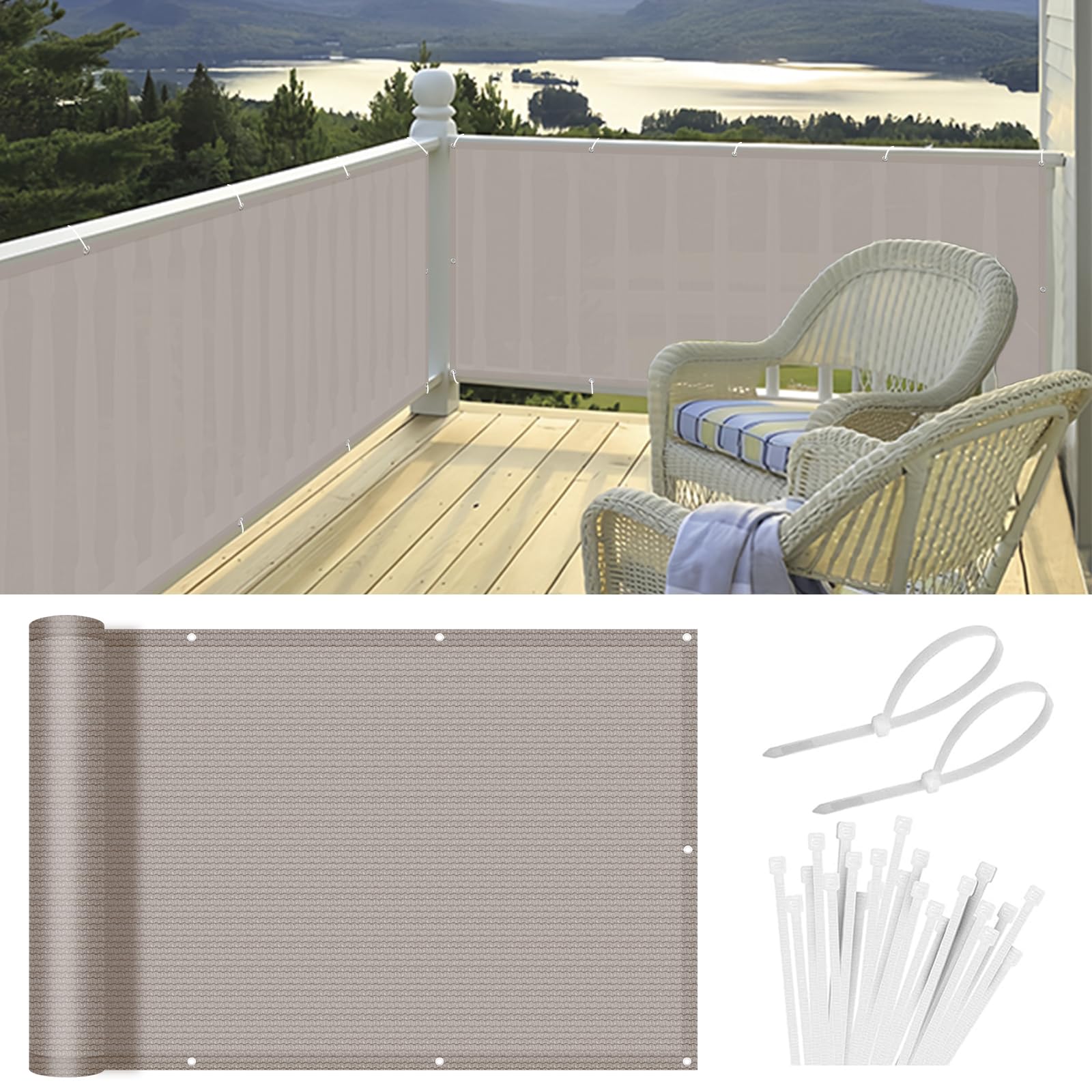HENG FENG Balcony Privacy Screen 0.8x3m, Screen Fence Cover (HDPE), 95% UV Protection for Deck, Patio, Backyard, Outdoor Pool, Porch, Railing,Taupe