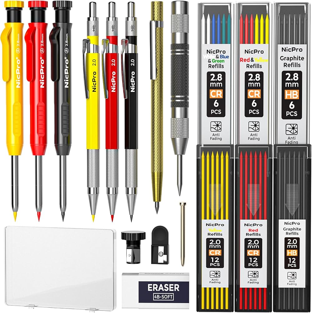 Nicpro 18 Pack Carpenter Pencil Set with Sharpener and Refills 60 Pieces