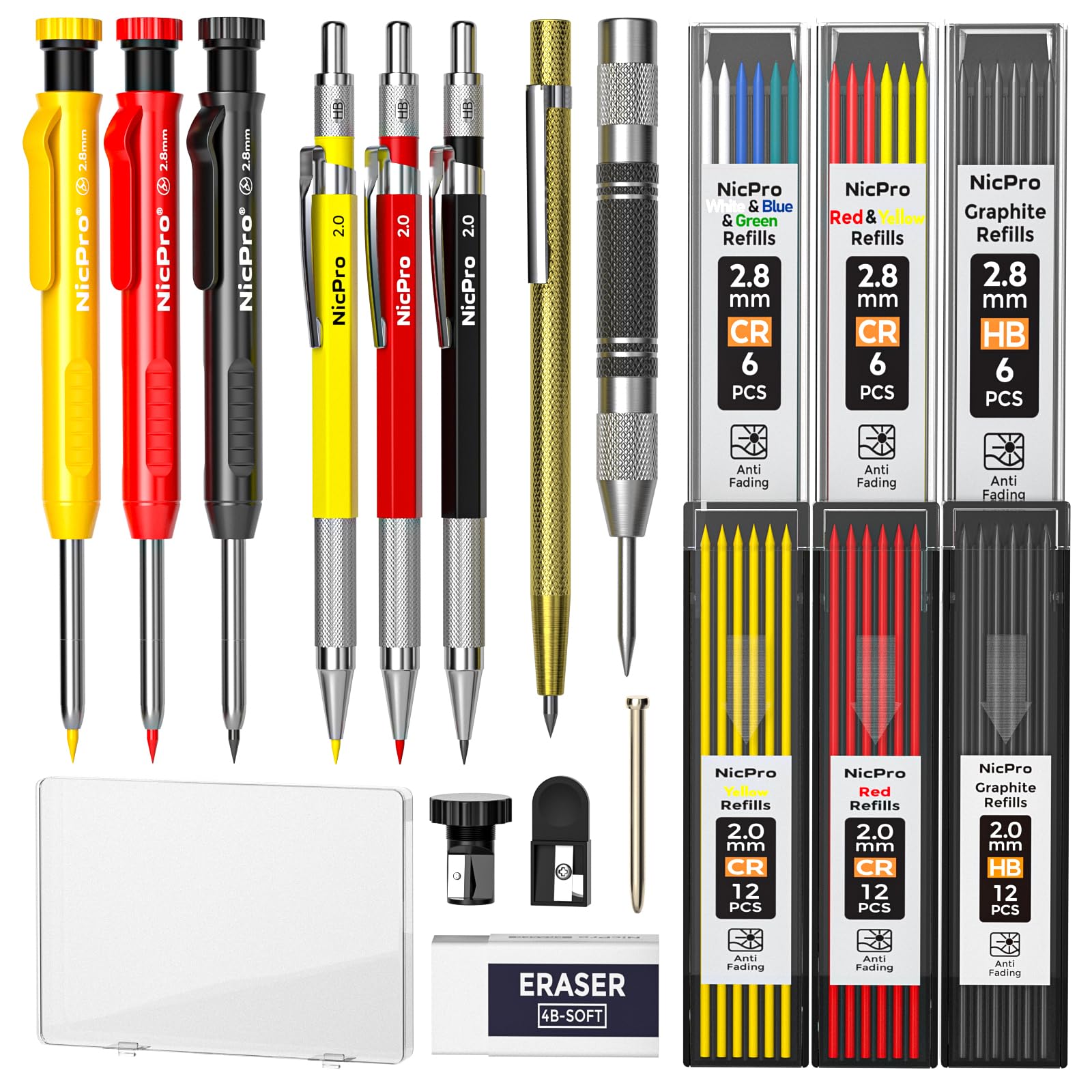 Nicpro 18 Pack Carpenter Pencil Set with Sharpener, Mechanical Carpenter Pencils with 60 Refill, Automatic Center Puncha and Carbide Scribe Tool, Heavy Duty Construction Pencil for Architect-With Case