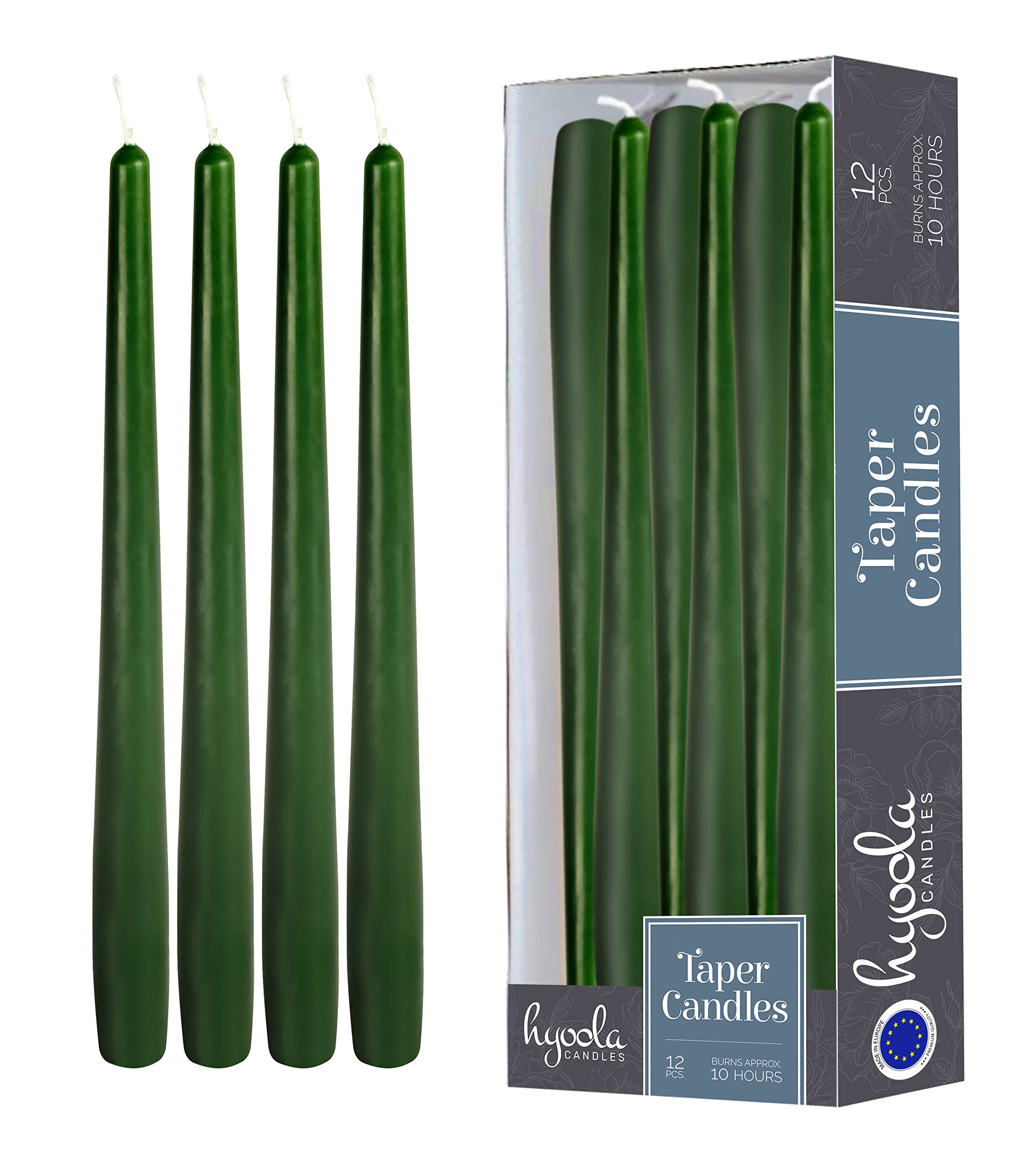 Hyoola Hunter Green Taper Candles - 300 mm (12 Inch) Unscented Dripless Taper Candles - 10 Hour Burn Time - 12 Pack — image 1