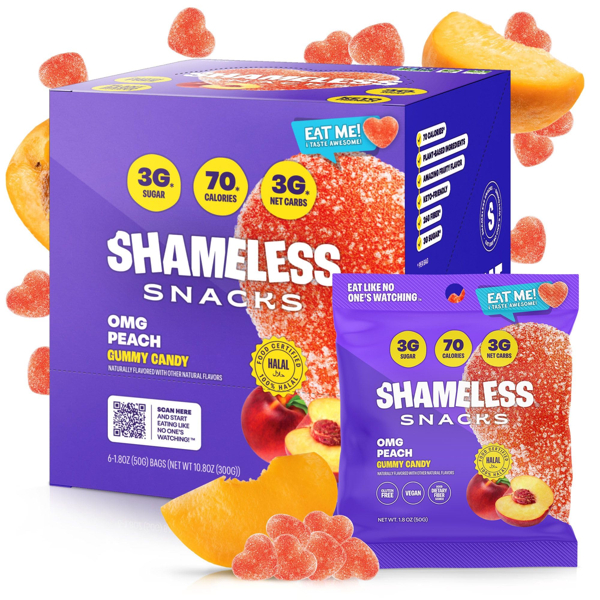 Shameless Snacks – Healthy Low Calorie Snacks, Low Carb Keto Gummies (Gluten Free) – 6 Pack OMG Peach