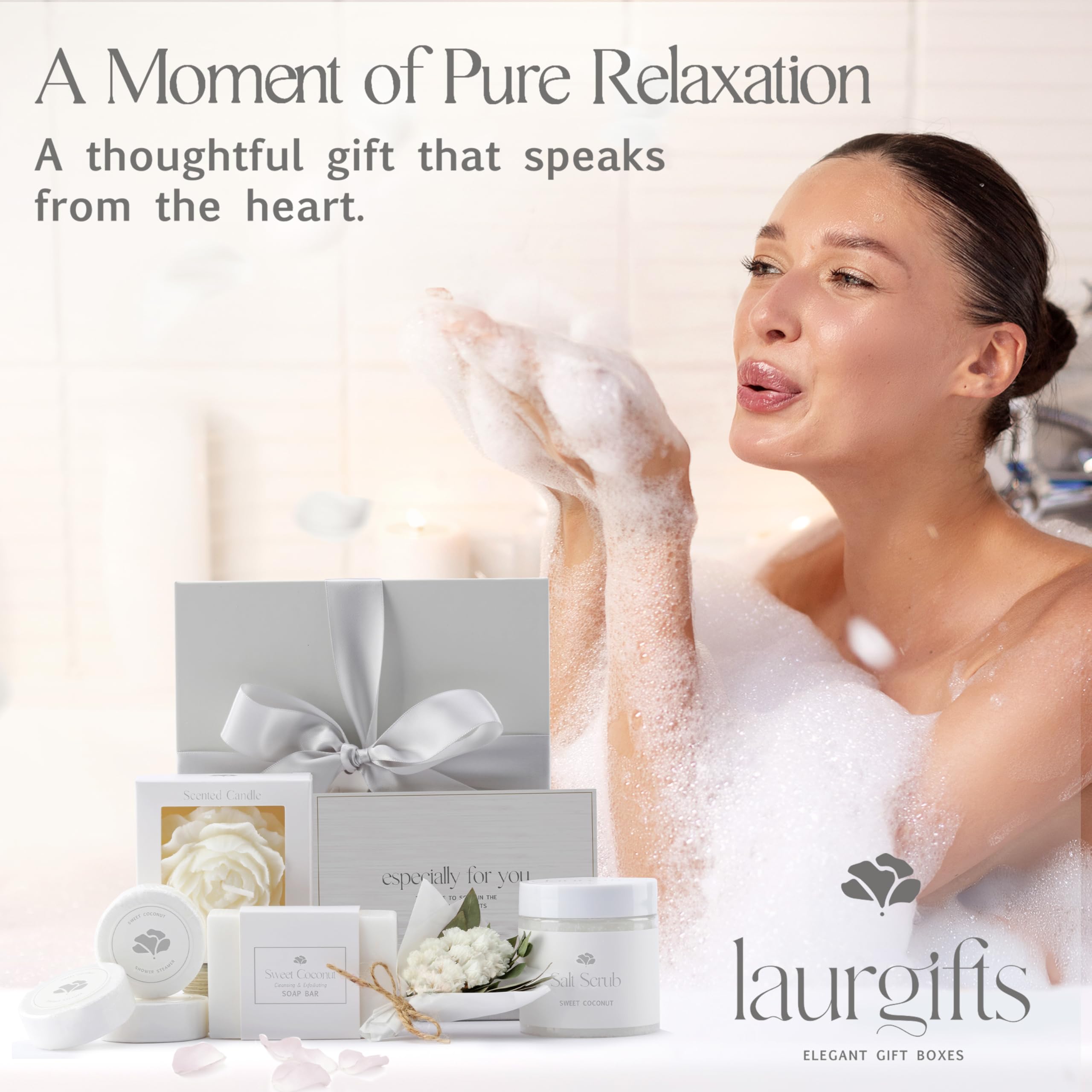 LaurGifts Sweet Coconut Spa Gift Baskets for Women – Scented Self Care Shower Essential - Elegant Kit for Mom, Wife, Sister, Friend - Body Bath Set - Aromatic Box for Occasions - Home Spa-Inspired