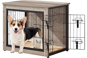 Yaheetech 27.5'' Dog Crate Furniture with Cushion Wooden Dog Crate with Double Doors/Adjustable Feet Side End Table for Small/Medium Dogs, Greige