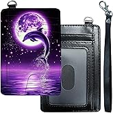 DHYYDSQZ Slim Minimalist Wallet for Men Women Small Credit Card Holder Wallet Front Pocket RFID Blocking Wallets Travel Card Case with ID Window Card Organizer & Wristlet,Purple Moon Dolphin Jumping