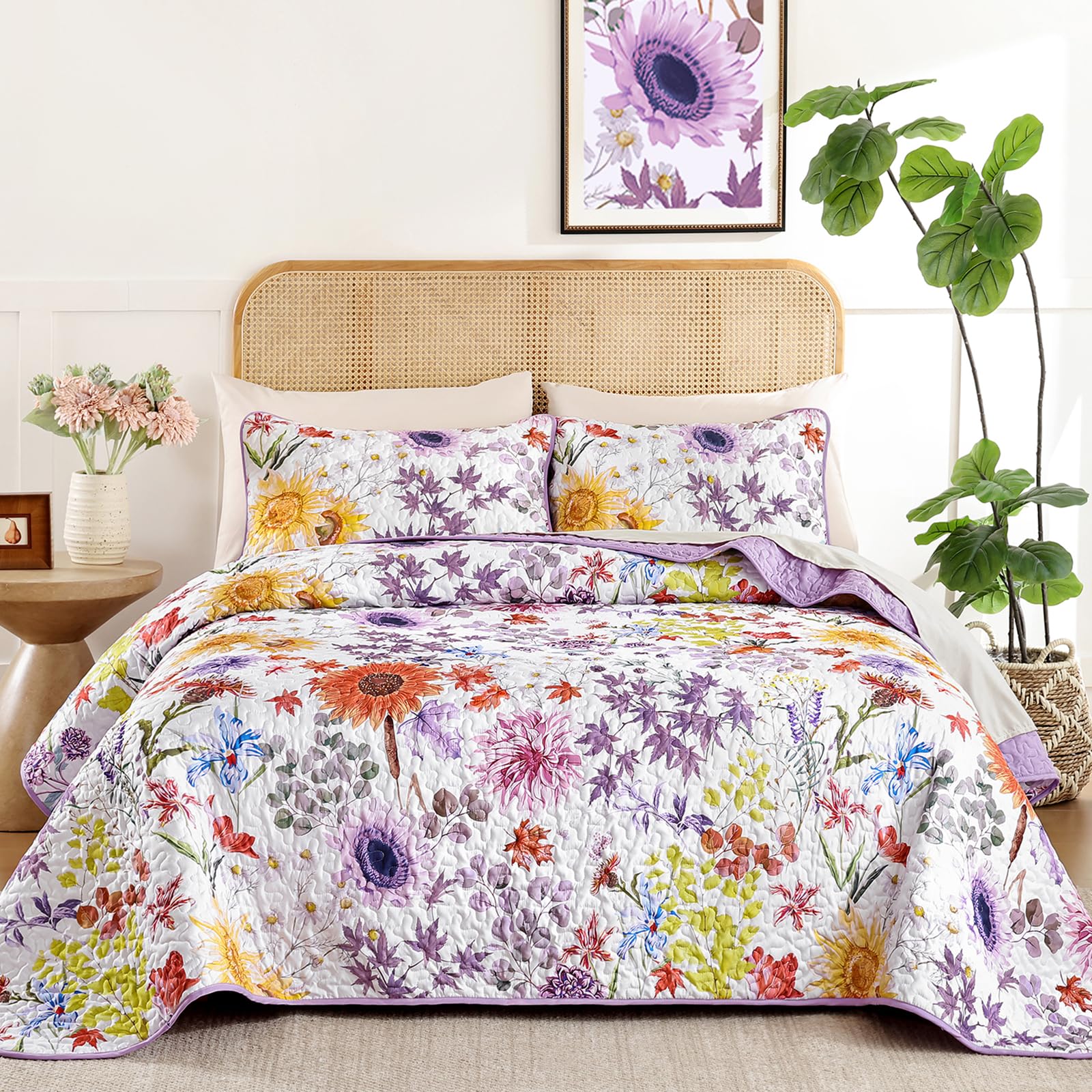 Photo 1 of Yiran Purple Floral Quilt Set King Size, Lavender Summer Sunflower Botanical Bedspread Bedding Set, 3 Pieces Soft Lightweight Microfiber Coverlet with 2 Pillow Shams for All Season 106x90 Inch