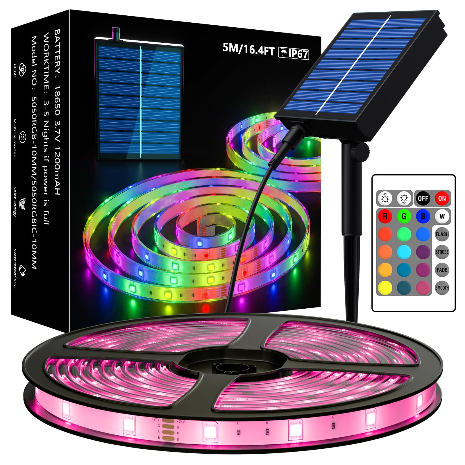 Ubanner Solar LED Strip Outdoor, 5M SMD 5050 LED Lights, Solar Powered RGB Colour Changing LED Strip, IP67 Waterproof Decorative Fairy Lights for Yard Trees Garden