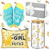 Skylety Duck Gifts Set Includes 16oz Glass Cup with Lid and Straw Sock Just a Girl Who Loves Ducks Makeup Bag Cute Stuff Gift Baskets Accessories for Women Lovers Stuff