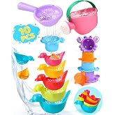 10 PCS Toddler Bath Toys for Kids Ages 1-3 with 5 Duck Cups Multi-Play | Quick-Draining Bath Toys with Color Stacking Cups &amp; Watering Can Interactive Water Play for 1+ Christmas Stocking Stuffer