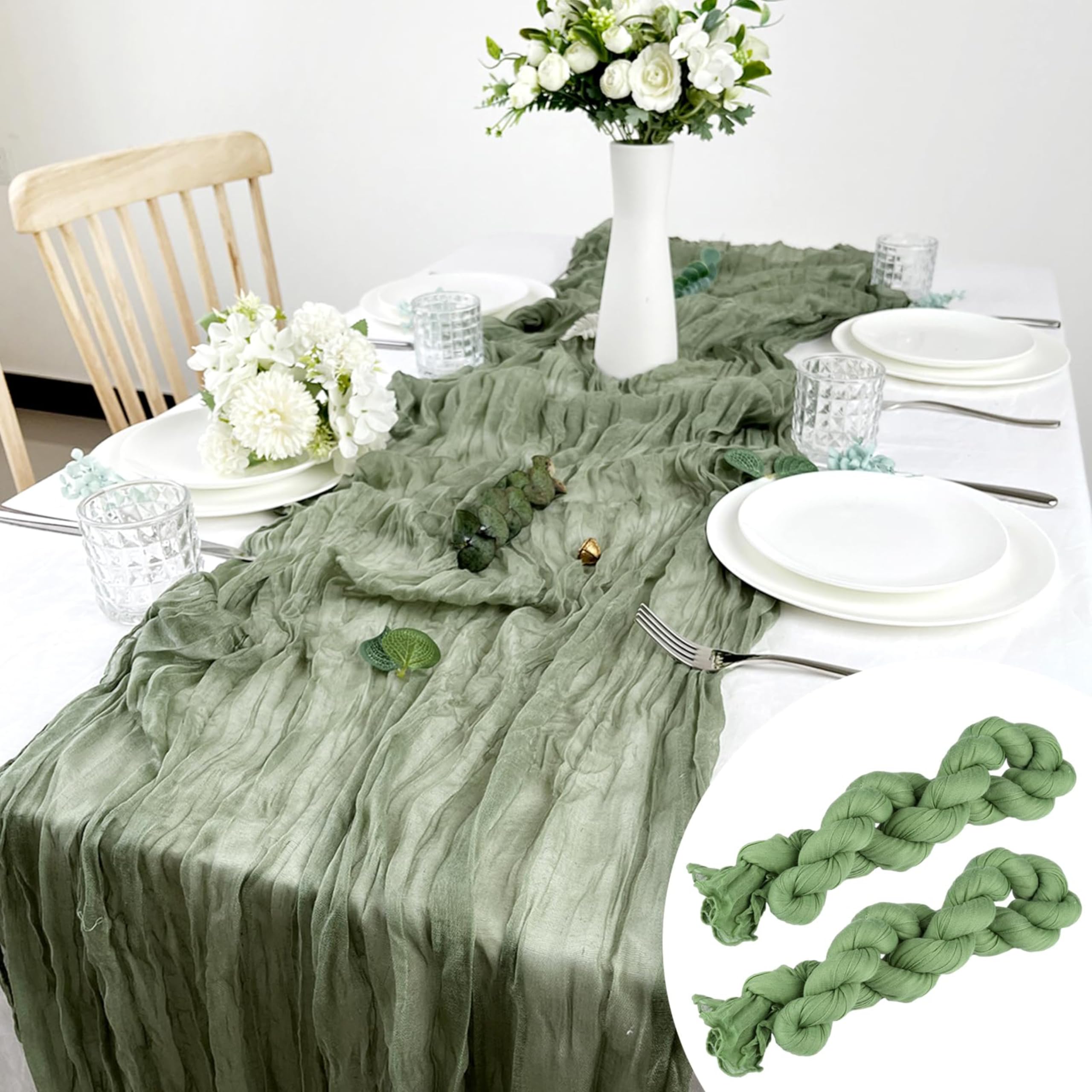 Table Runner Green Pack of 2 Cheesecloth Table Runner Wedding Boho Muslin Tablecloth 90 x 400 cm Long Rustic Gauze Fabric Cheese Cloth Table Runner Eucalyptus Green Table Decoration for Baby Shower