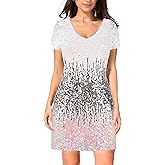 MANER Women's Sequin Glitter Short Sleeve Dress Sexy V Neck Mini Party Club Bodycon Dresses
