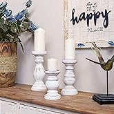 NIKKY HOME Rustic Pillar Candle Holder Set of 3 - Farmhouse Wood Candlestick Stand for Mantle, Fireplace, Dining Table Centerpieces, Distressed White