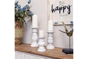 NIKKY HOME Pillar Candle Holder Set of 3 - Farmhouse Wood Candle Stand, Mantle Decor Centerpieces for Fireplace, Living or Dining Room Table, Distressed White