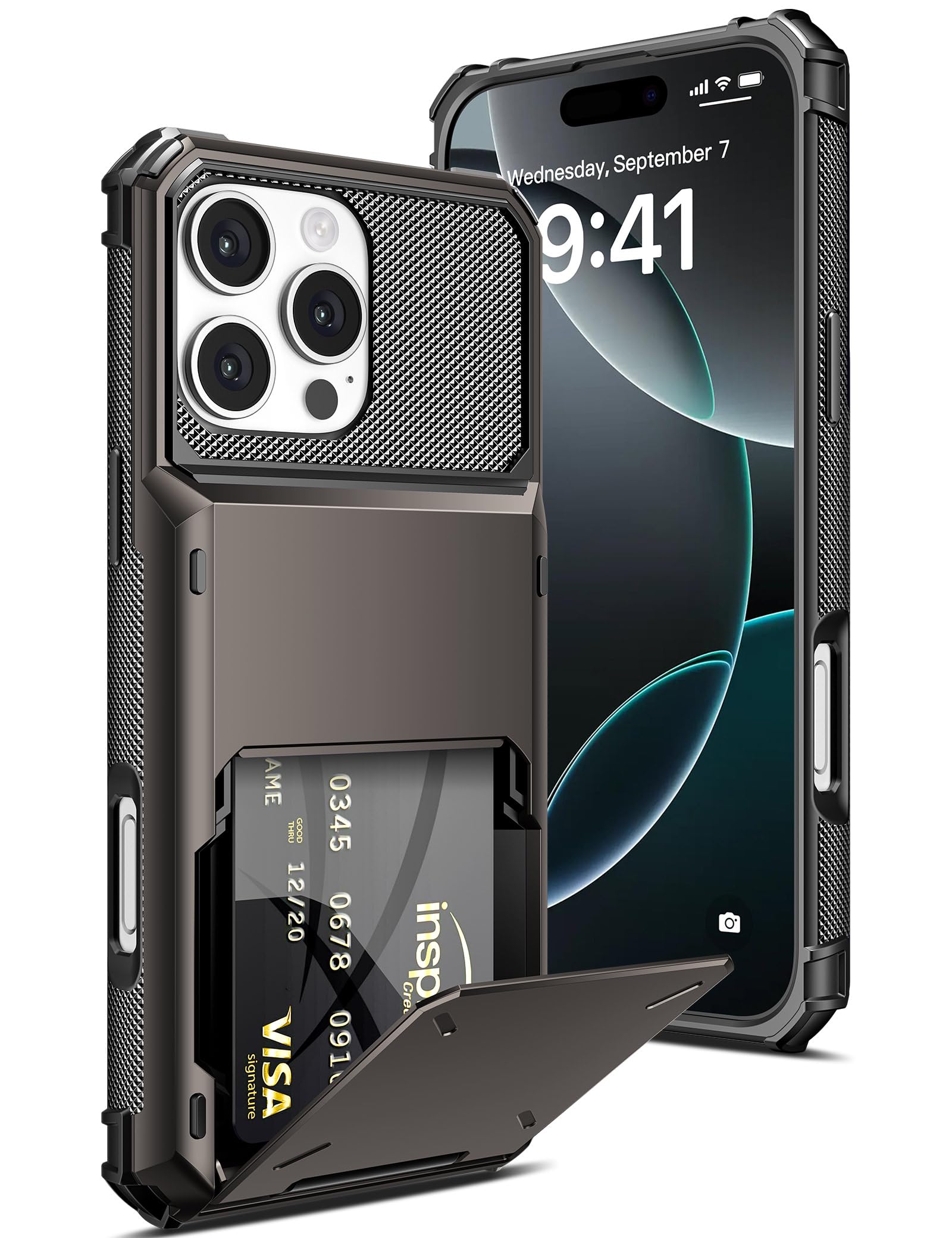 Photo 1 of COOYA Wallet Case for iPhone 16 Pro 6.3'' Gunmetal, 3-5 Credit Cards Holder, Slot Flip Cover, Back Pocket, Dual Layer Protective Hard Shell+Soft TPU Rubber Inner, Bumper Armor, Non-Slip, for Men Women