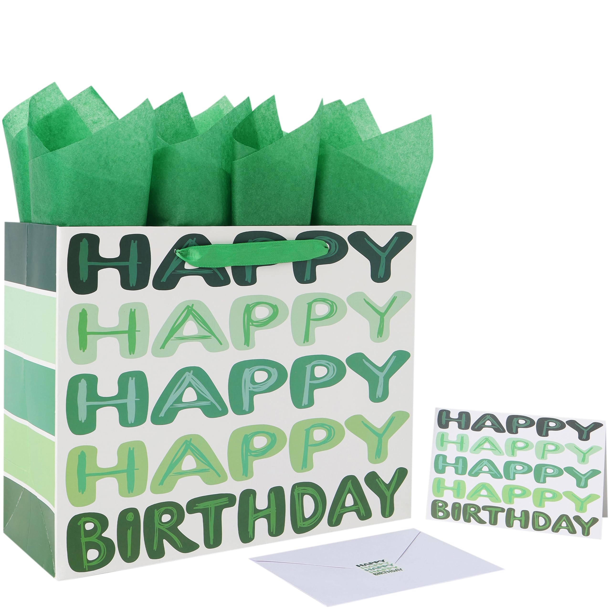 Photo 1 of 13'' Large Green Happy Birthday Gift Bag Set with Handles, Greeting Card, Tissue Papers and Stickers for Women Girls Men Boys Kids Teens, Words Design, 1 Pcs