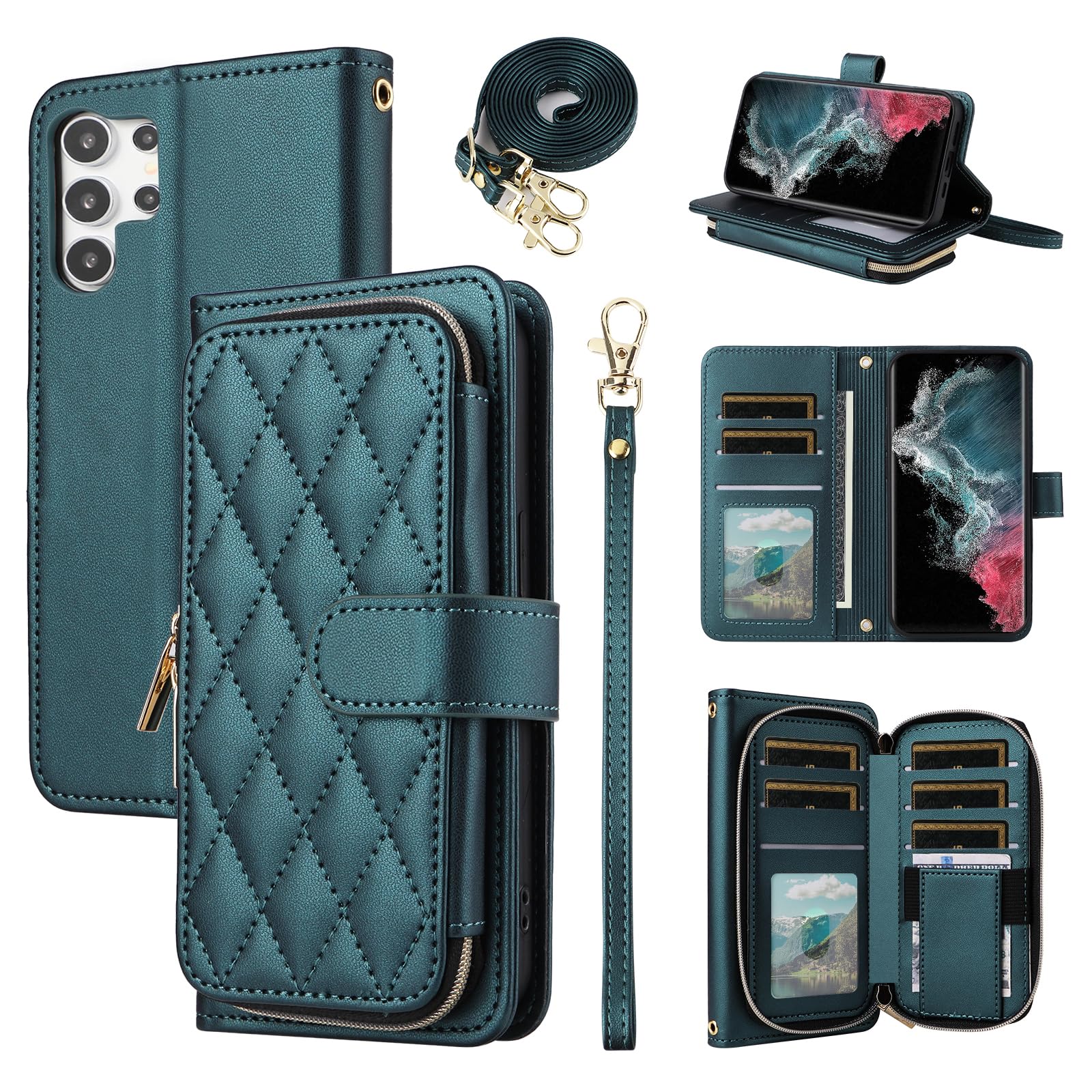 Furiet Wallet Case for Samsung Galaxy S21 Ultra 5G with Wrist Strap, 9+ Card Slots Zipper Purse, Luxury PU Leather Stand Full Body Phone Cover for S21ultra 21S S 21 21ultra G5 Women Girls Green
