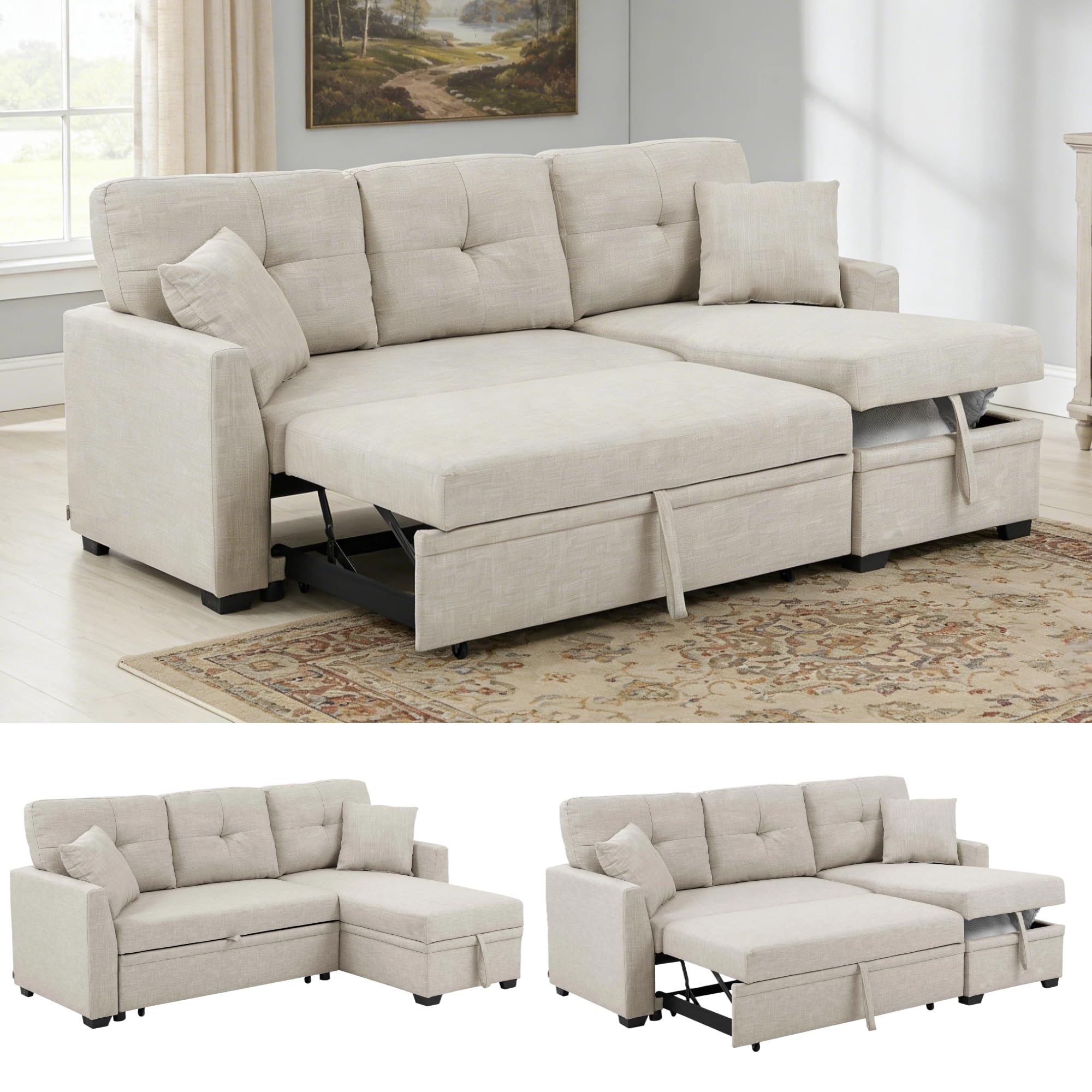 Photo 1 of **BOX 1 OF 3 ONLY** INCOMPLETE** Trygoal Sectional Sleeper Sofa with Pull Out Bed, L Shape Convertible Linen Couch with Storage Chaise, 2 in 1 Pull Out Sofa Bed with 2 Seats, for Living Room, Apartment, Beige