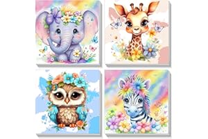 XACKCME 4 Pack Animal Paint by Number for Kids with Wooden Frame-Paint by Numbers for Kids Animals Ages 4-8-12,Easy Elephant Owl Giraffe Zebra DIY Acrylic Oil Painting Kits for Home Wall Decor(8X8inch)