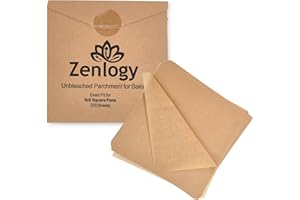 Zenlogy 8x8 Parchment Squares (200 sheets) - Unbleached, Non-stick, Pre-cut Parchment Paper - Fits 8x8 Brownie Square Pans and Toaster Oven Trays, and Air Fryer - Great for Wraps, Baking, Roasting