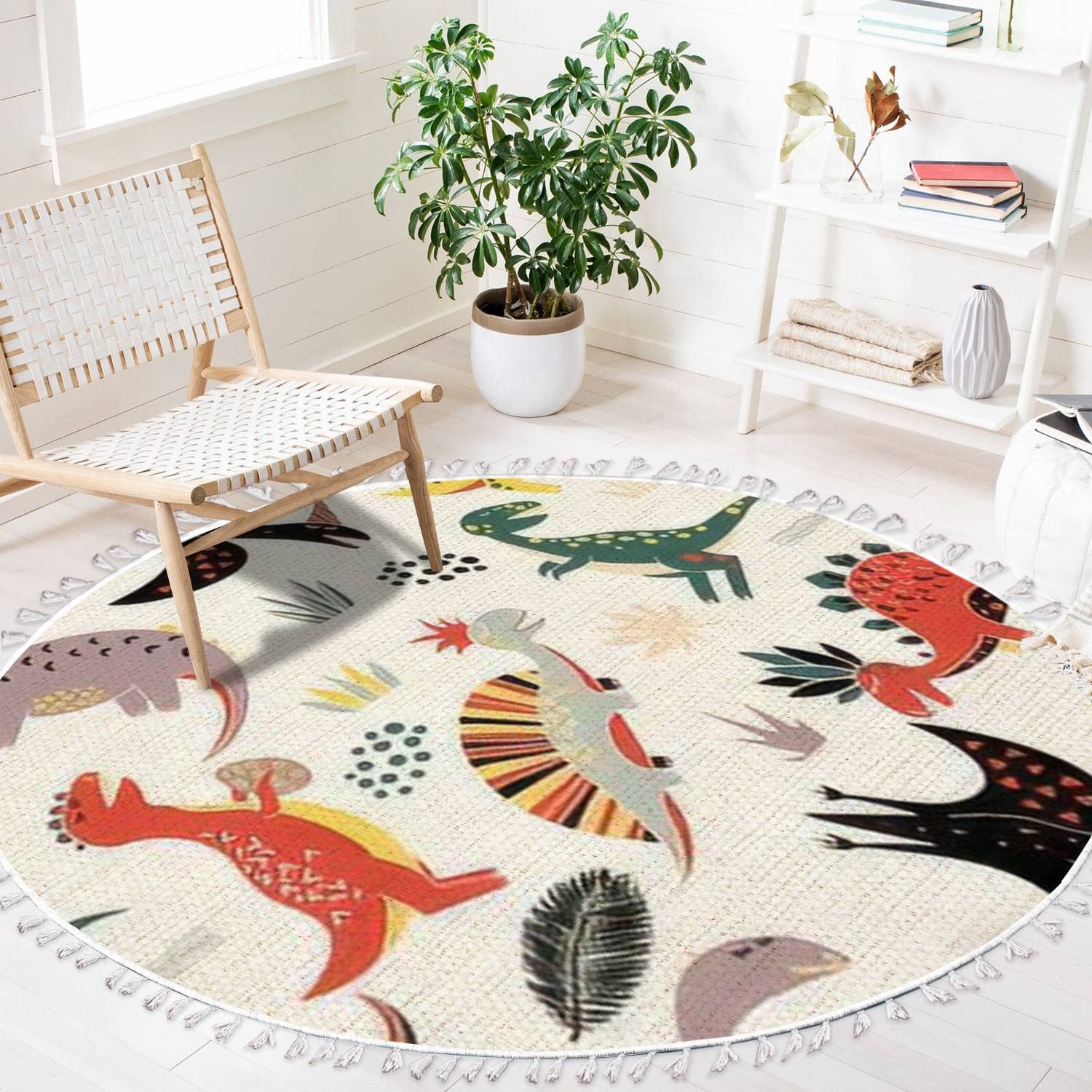 Photo 1 of DNEWYNPABV Round Rugs Childish with Different Dinosaurs Boho Area Rug Linen and Cotton Carpet Meditation Rug Washable Hallway Runner Mat Accent Rug for Bedroom Bathroom 4ft, Multi8