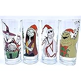 Silver Buffalo Disney Nightmare Before Christmas Holiday 4-Pack Tumbler Glass Set, 10 Ounces - Lock, Shock, and Barrel, Sally, Jack, and Oogie Boogie