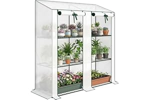 Outsunny Lean-to Mini Greenhouse with 3 Tier Shelves, PE Cover, Portable Green House with 2 Roll-up Doors, Garden Plant Grow 