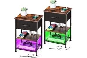 LAKEMID Nightstands Set of 2 with Charging Station and Drawer, End Table Side Table with 20 Colors LED Light Strip and 2 Layers Shelf for Bedroom Living Room Sofa (Rustic Brown)