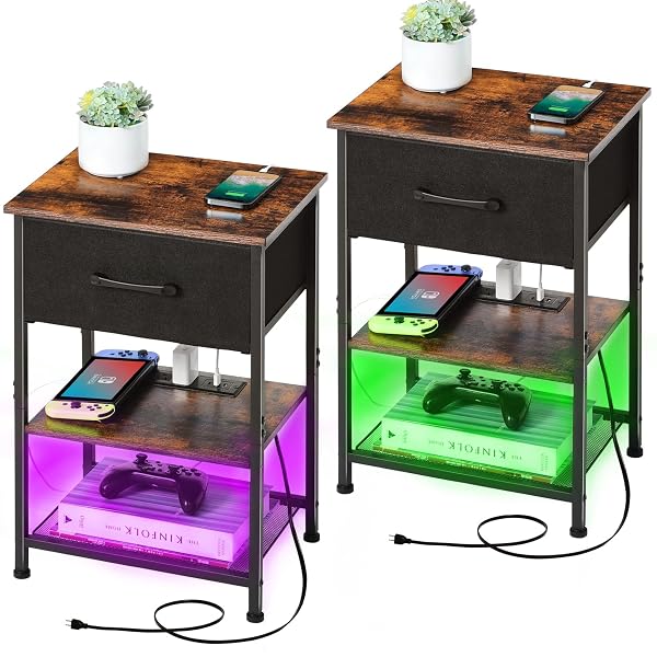 LAKEMID NIGHTSTANDS SET OF 2 WITH CHARGING STATION AND DRAWER, END TABLE BEDSIDE TABLE WITH 20 COLORS LED LIGHT STRIP AND 2 LAYERS SHELF FOR BEDROOM LIVING ROOM SOFA COUCH (BLACK)