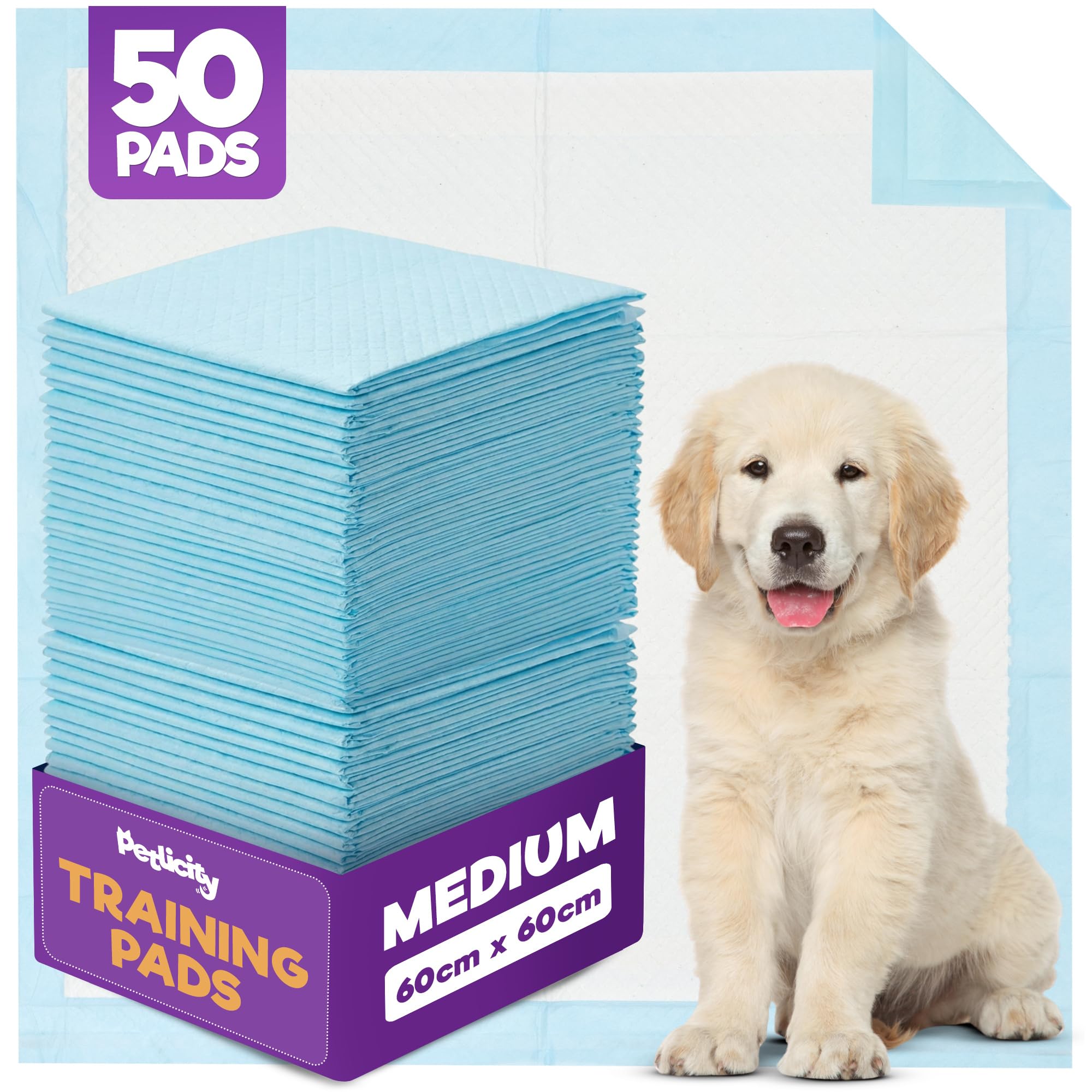 Petlicity 50 Pack Medium Puppy Pads - Disposable Puppy Training Pads, Highly Absorbent Leak-Proof Dog Training Pads, Premium Quality Quick-Dry Dog Pads Pee Pads Dogs Mat (60x60cm)