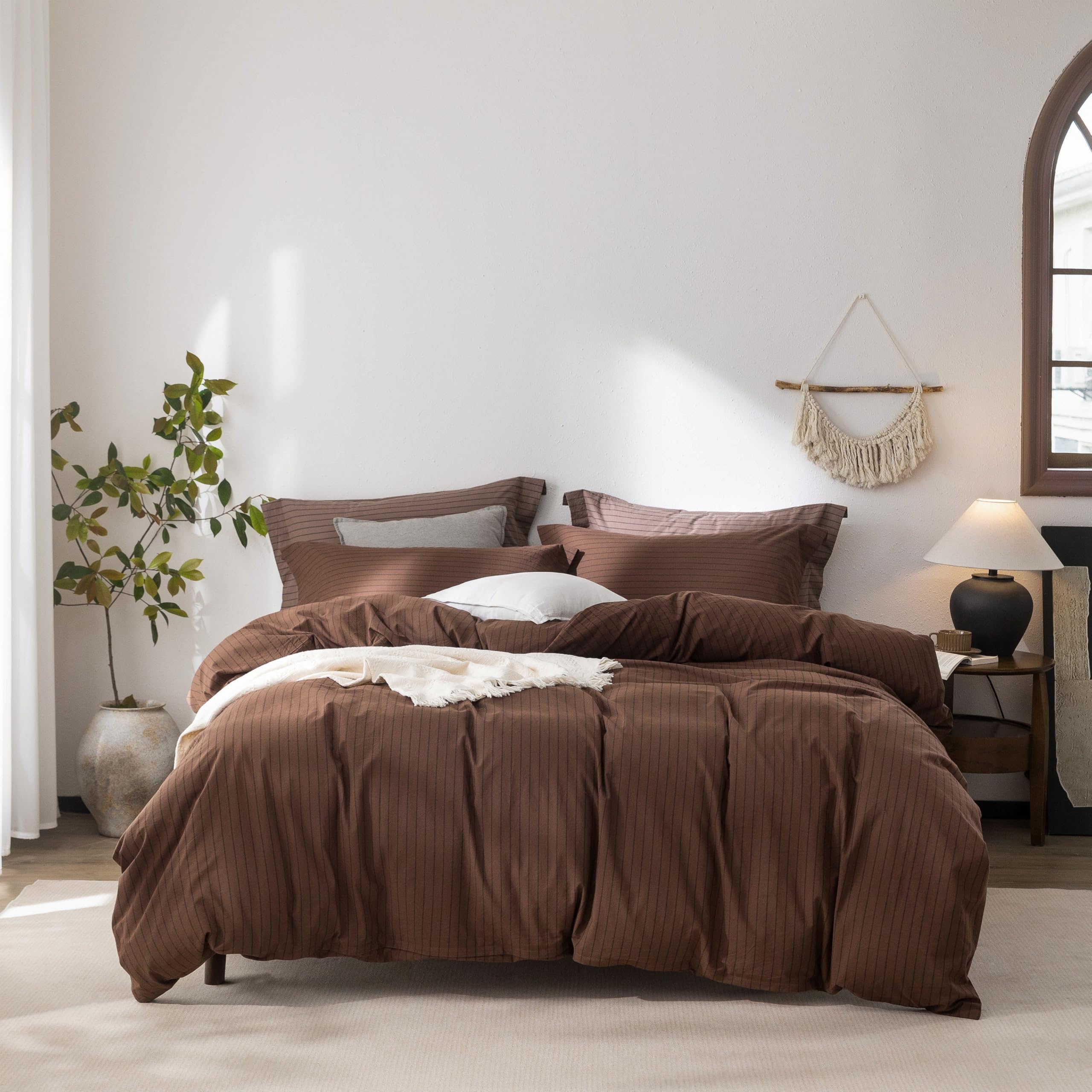 Photo 1 of Warm Moment Stripe Duvet Cover Queen Size 90inch x 90inch,100% Washed Cotton Pinstripe Duvet Cover with Zipper Closure and 2 Pillowcases, Color of Cocoa Brown-Black Stripe