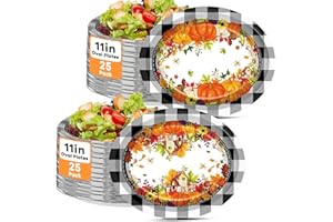 OBUSATT 50 PCS Fall Thanksgiving Paper Plates Large Buffalo Plaid Pumpkins Party Oval Plates Autumn Maple Disposable Supplies Pumpkin Tableware Harvest Oval Dinnerware Set for Dinner Kitchen Party Decorations
