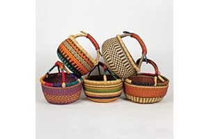 Bolga Zaare Market Basket, Handmade in Ghana Africa by Women Artisans (Colorful, Small) (10"-11" Diameter x 6"-7" H) (1 Basket)