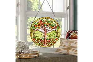 YOURANJU Handcrafted Stained Glass Window Panel - 12-Inch Round Floral Design with Vibrant Colors, Elegant Decorative Hanging Art for Home Décor, Includes 20-Inch Chain & Hook (Tree of Life)