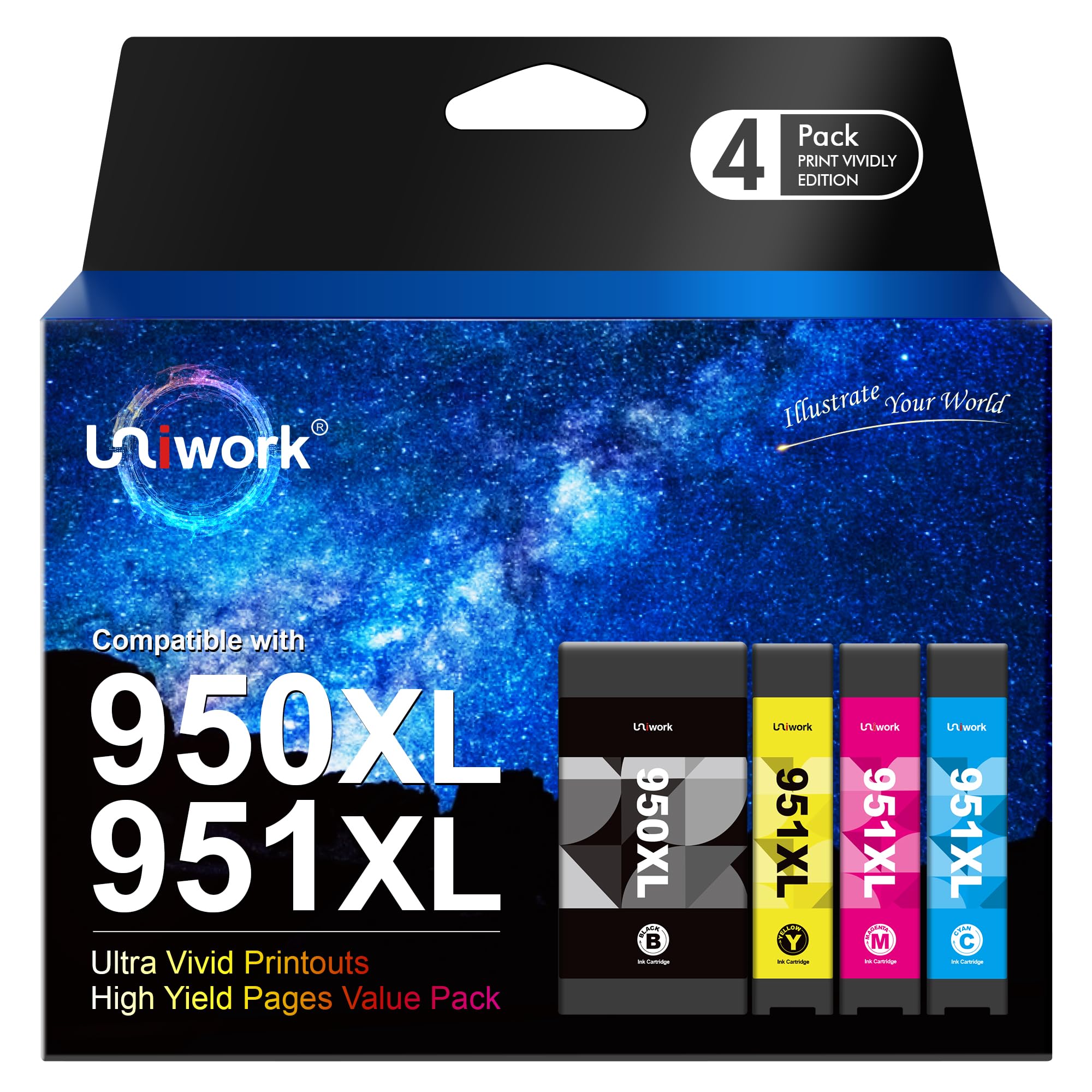 Uniwork Compatible ink cartridge to replace for HP 950XL 951XL for Officejet Pro 251dw 276dw 8100 8600 8610 8615 8620 8640 (1 black, 1 cyan, 1 magenta, 1 yellow) Packaging may vary