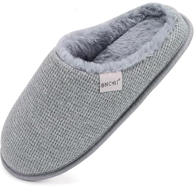 Damen Hausschuhe mit Memory Foam Waffel Oberteil Winter Warme Plüsch Pantoffeln für Damen 2025 Bequem Trendy Rutschfeste Haus Indoor Slide Slippers Schuhe Plüsch Grau Größe EU 36