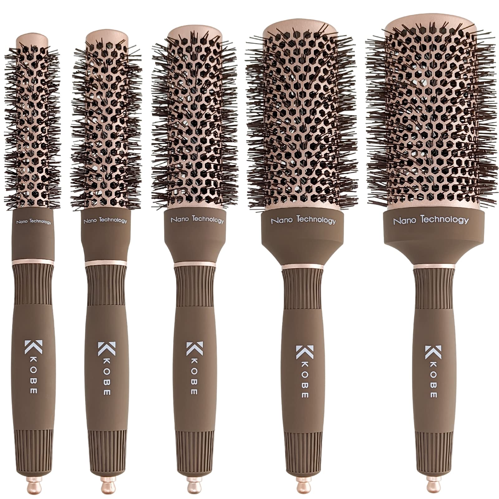 Kobe Professional Heat-Retaining Ceramic & Ionic Round Hair Brush for Blow Drying - With Nanotechnology - Barrel Brush Set of 5 - Blow Dry Hair Brush