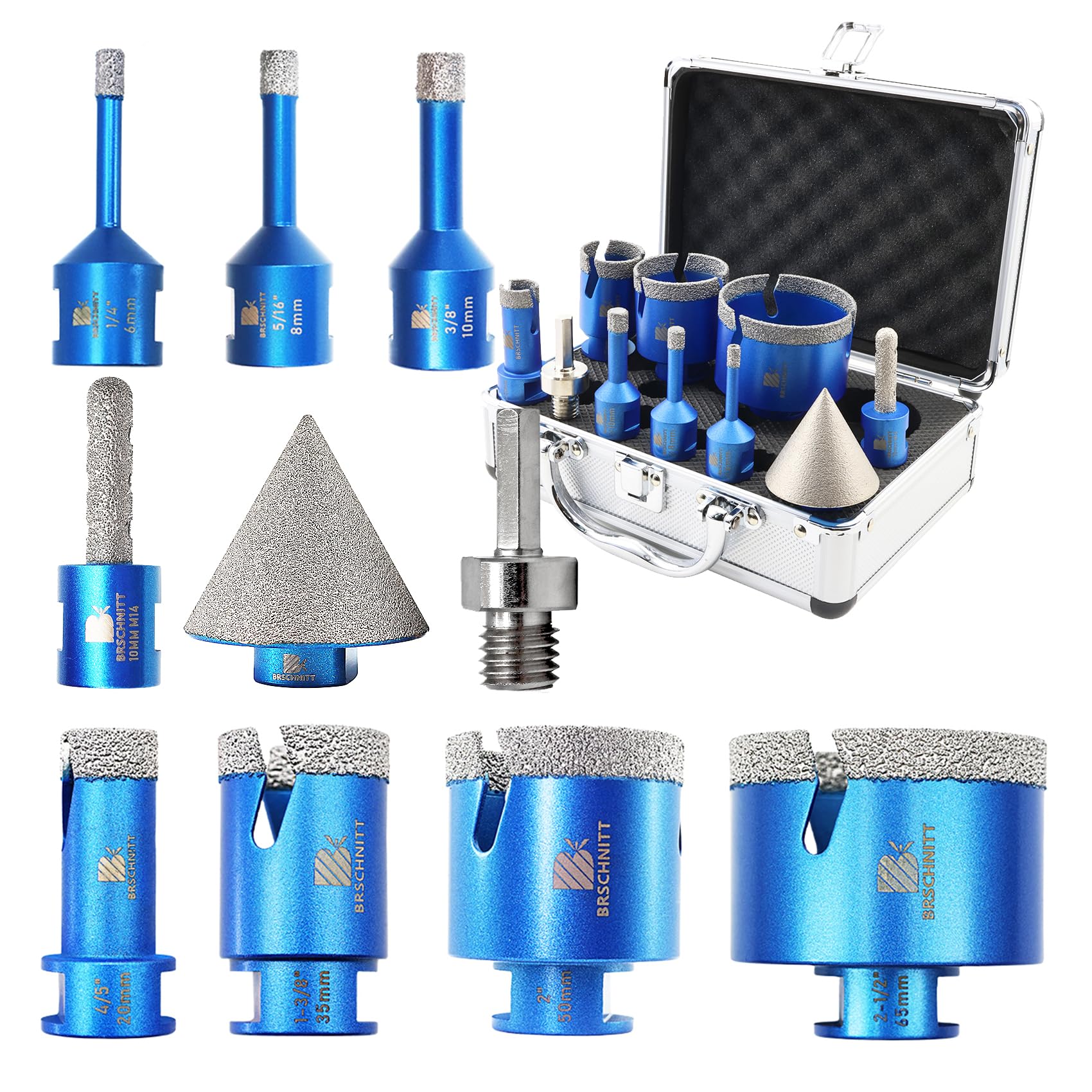 Diamond Core Drill Bit Set 6/8/10/20/35/50/68mm - BRSCHNITT Tile Hole Saw Kit &10mm Diamond Finger Milling Bit &50mm Chamfer Bit for Tile Porcelain Ceramic Marble Granite(10pcs) — image 1