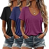 Riyiper 3 Pack Women's V Neck Shirt, Summer Rolled Sleeve Solid Tops Casual Loose Tees Lightweight Basic Soft Tshirt