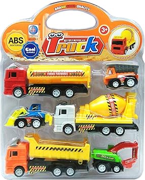 SMALL BERRY Plastic 6 Pcs Mini Pull Back Truck Toy Kit Set Assorted Construction Engineering Vehicles.