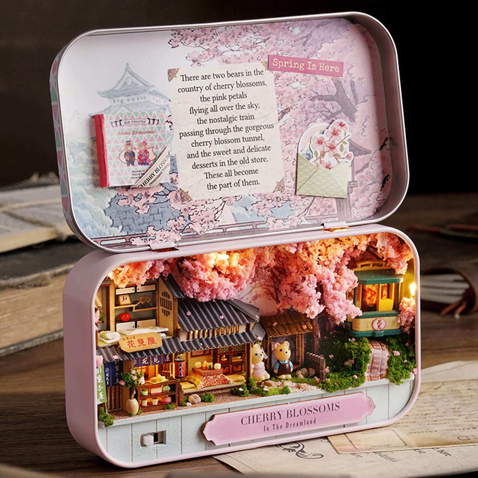 mumisuto Dollhouse Miniature, Box Theater (The Realm of Cherry Blossoms), DIY Miniature Furniture House Kit, Decorative Mini Box Theater Model, Stick-umbrellas, Unisex, Adult