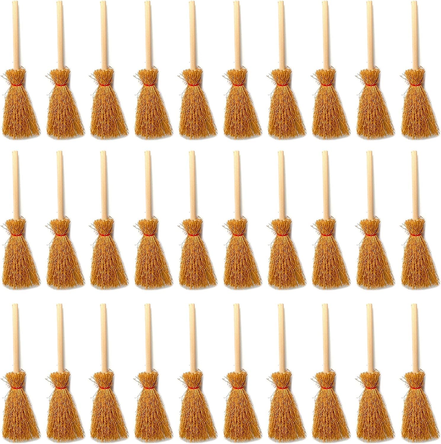 LATRAT 30 Pieces Dollhouse Mini Broom Craft Model Hanging Mini Hanging Broom Miniature Straw Broom Themed Party Broom with Red Rope for Decoration