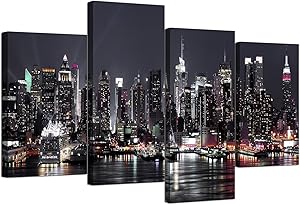 Wallfillers Canvas Pictures of New York Skyline for Your Living Room - NYC Cityscape Prints - Modern Split Set of 4 City Canvases - Multi Panel - XL - 130cm Wide
