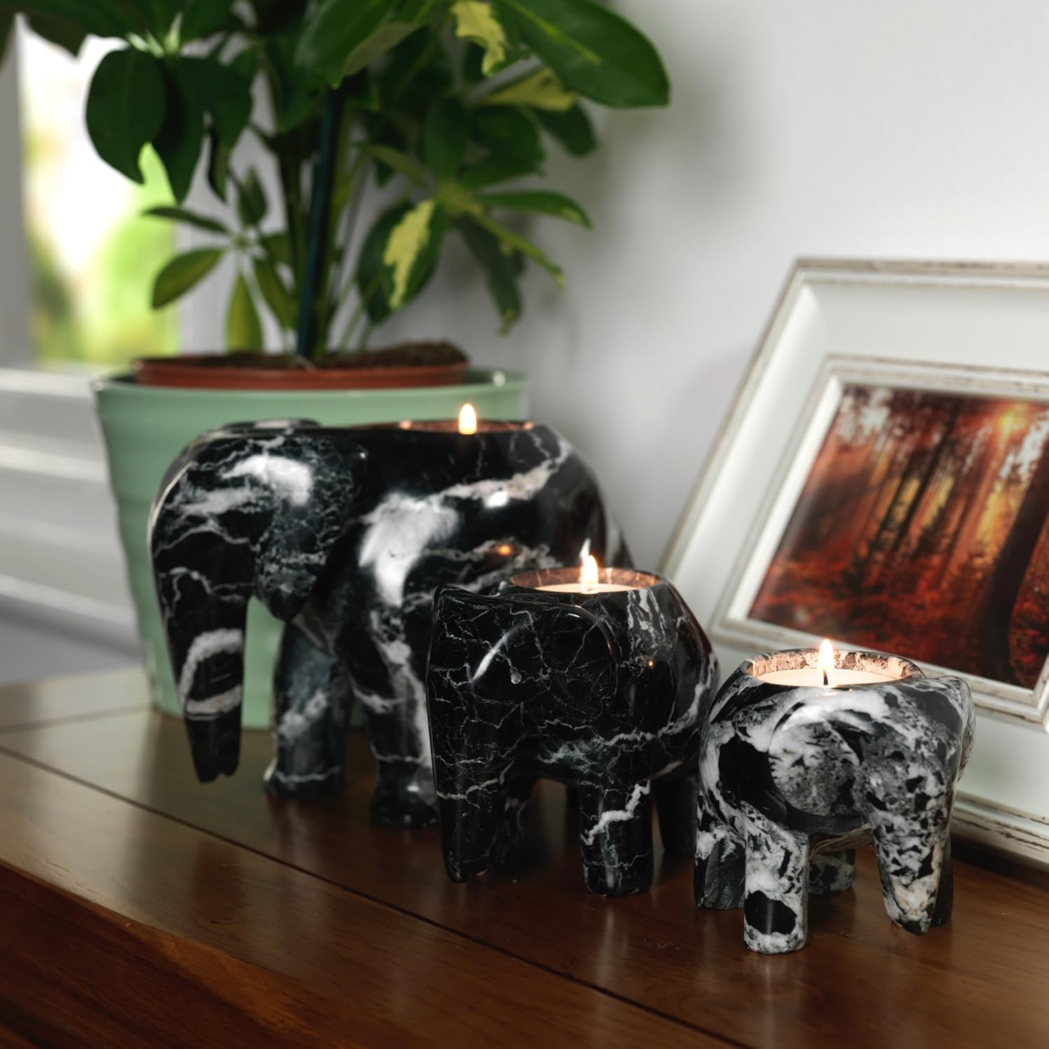British Fossils Himalayan Marble Elephant Tea Light Holder Set (Black