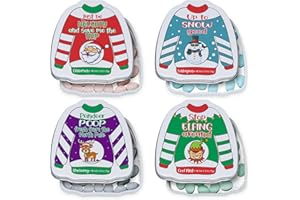 4E's Novelty Humorous "Christmas Poop" Candy Breath Mint Tins, 4 Pack Ugly Sweater Tins Funny Christmas Candy Stocking Stuffer for Kids Teens Adults Boys Girls Unique Funny Gag Gift White Elephant Gift Exchange for Men Women