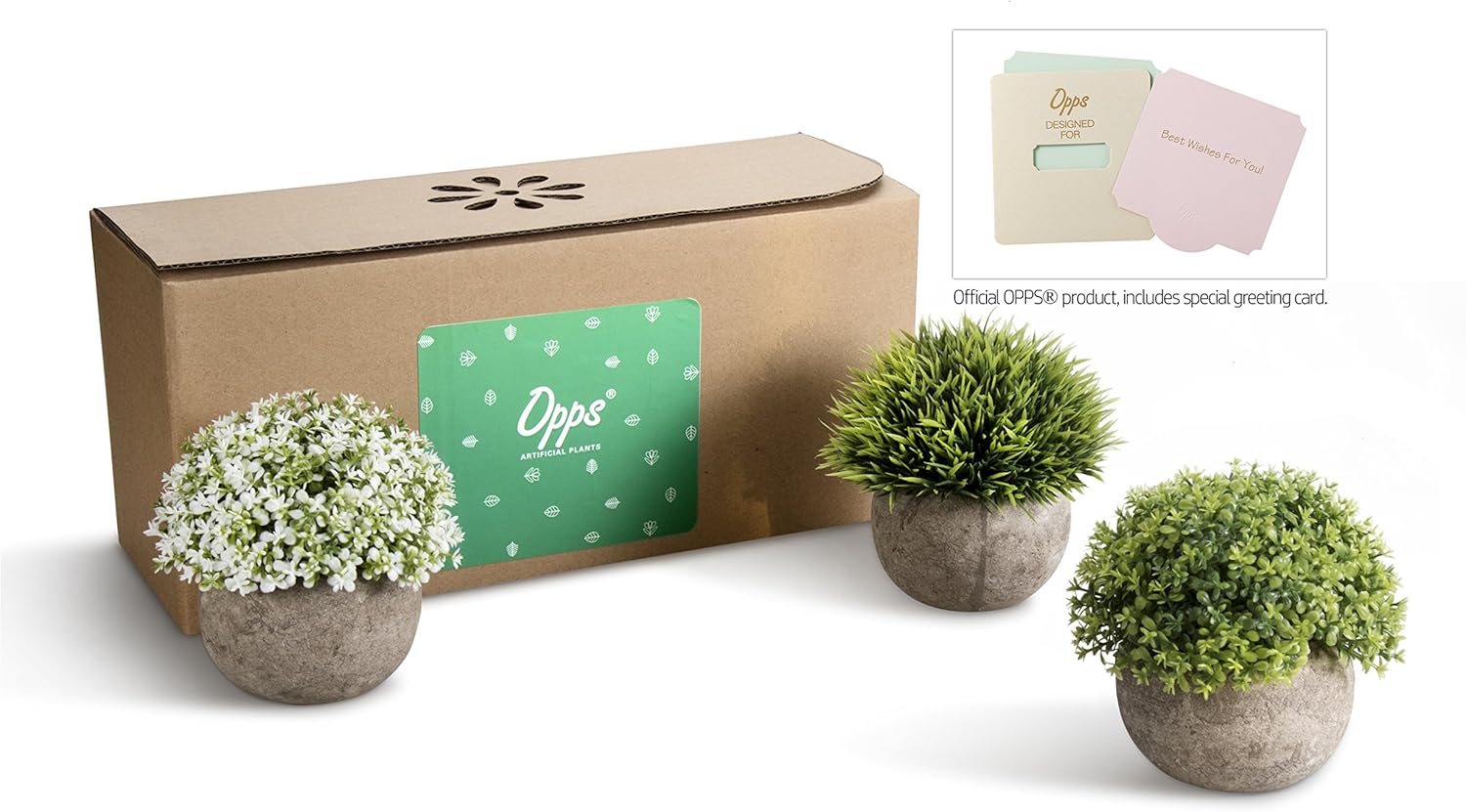 Opps Artificial Plastic Mini Plants Unique Fake Fresh Green Grass Flower in Gray Pot for Home Décor – Set of 3 -
