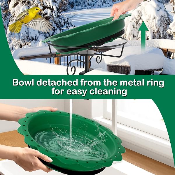 JVGOO HEATED BIRD BATH FOR DECK RAILING, POWERFUL 100W THERMOSTATICALLY CONTROLLED HEATED BIRD BATHS FOR OUTDOORS FOR WINTER, HEATED BIRDBATH WATER HEATER FOR OUTSIDE GARDEN YARD PATIO LAWN (GREEN)
