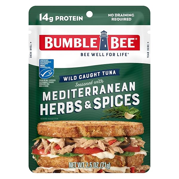 BUMBLE BEE MEDITERRANEAN HERBS & SPICES SEASONED TUNA, 2.5 OZ POUCH – READY TO EAT – WILD CAUGHT TUNA PACKET – 14G PROTEIN PER SERVING – GLUTEN FREE