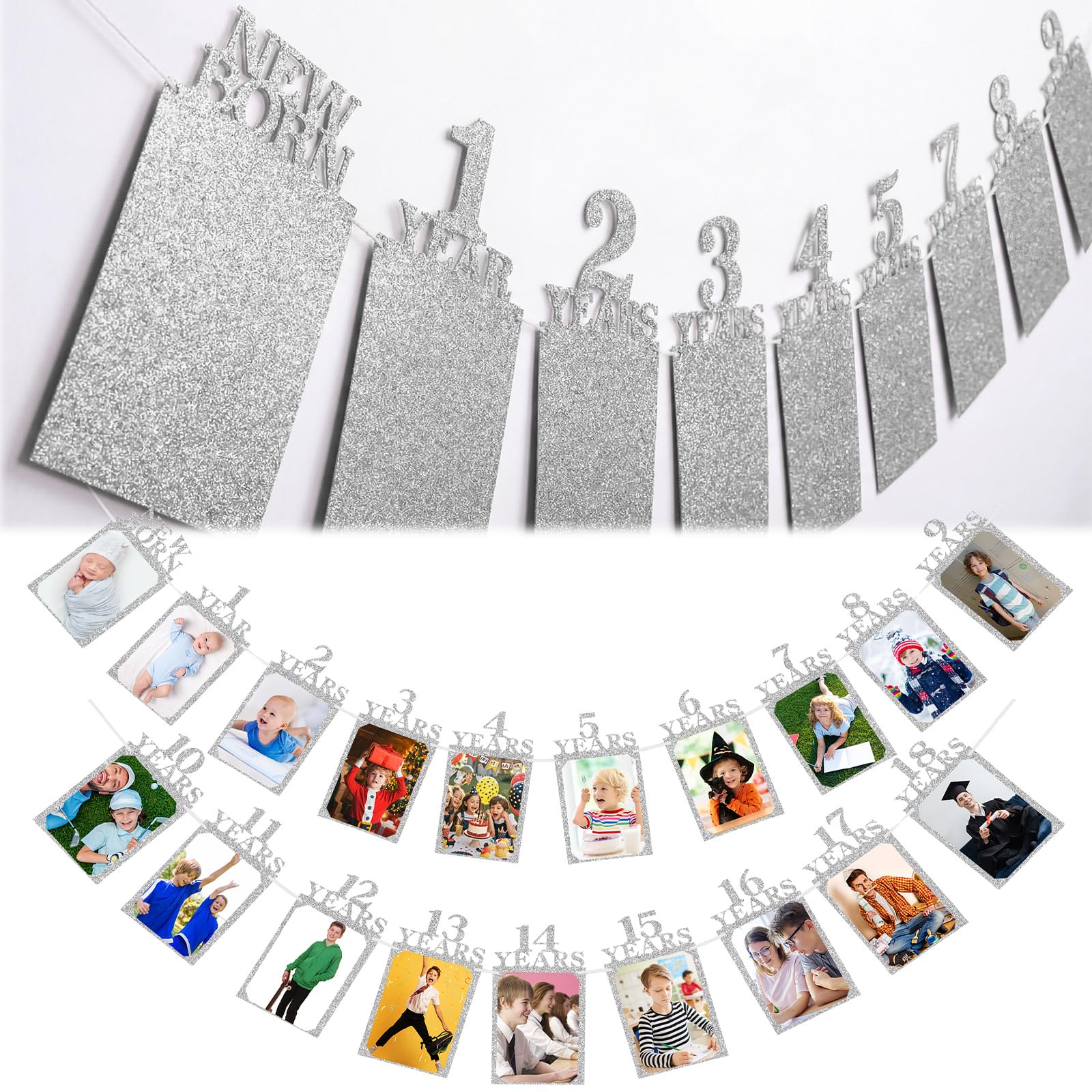 Photo 1 of Breling 18th Happy Birthday Photo Banner Newborn to 18th Age Photo Banner Decorations 16th Party Picture Frame Garland Display Party Supplies(18 Years,Glitter Silver)