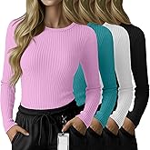 Velvelhall 4 Pack Women's Underscrub Shirts Long Sleeve Ribbed Crewneck Tops Slim Fit Soft Cotton Undershirts for Nurse